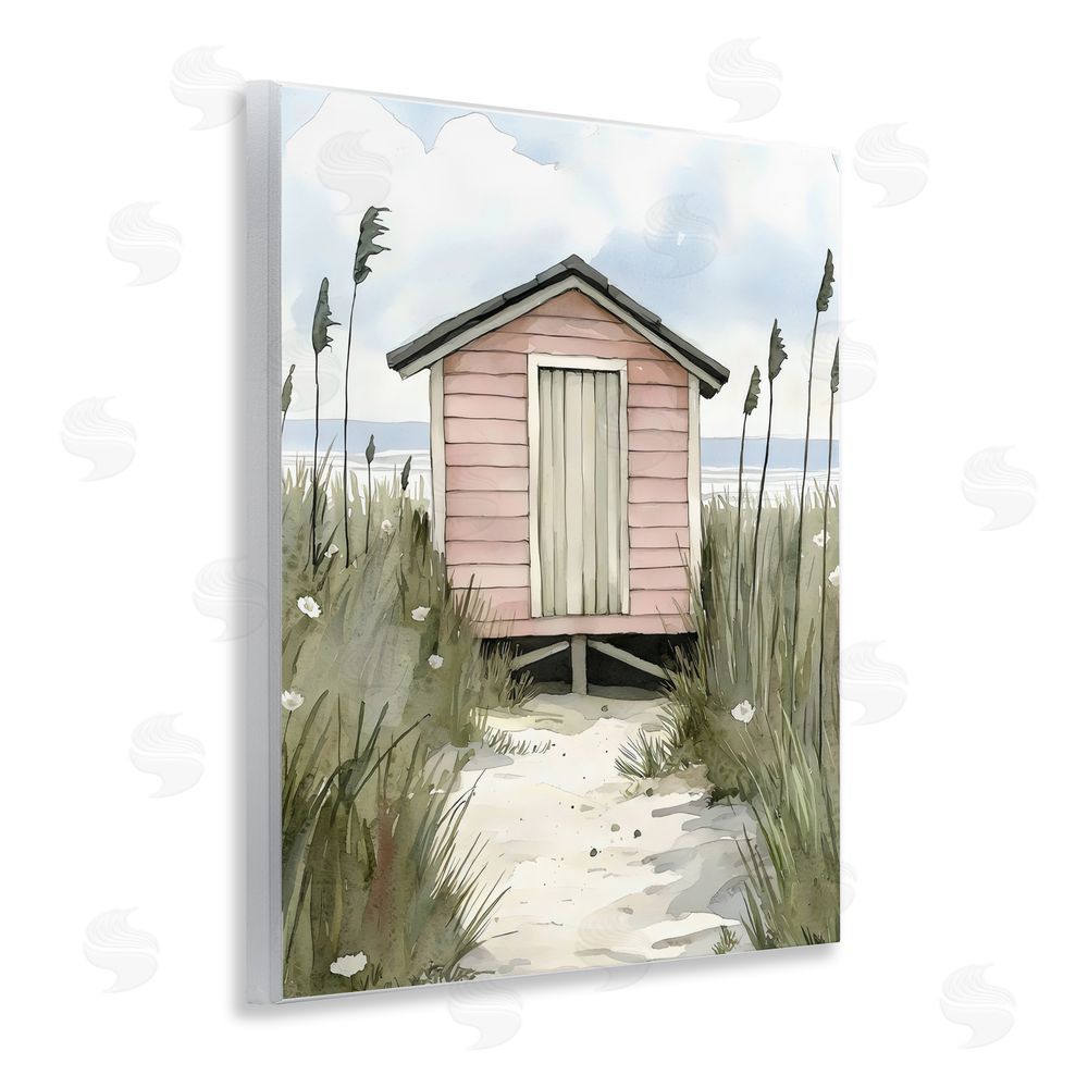 Riley B Coastal Calm Pink Beach Hut Wall Plaque with Fixed Lithograph Print