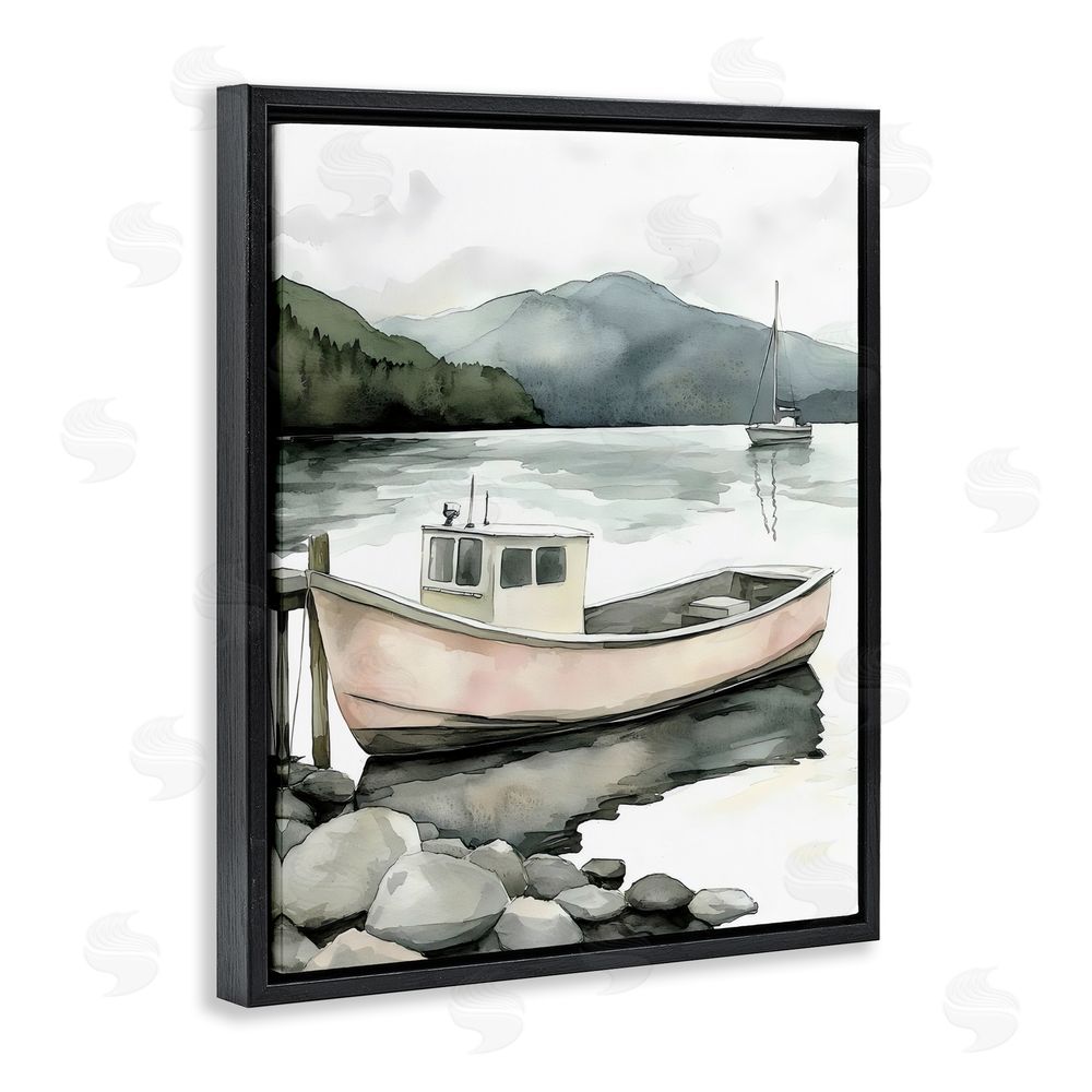 Riley B Coastal Calm Docked Boat Black Floating Frame Canvas Wall Art Print