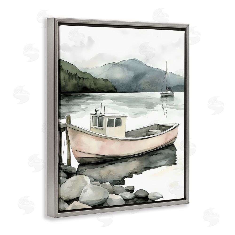 Riley B Coastal Calm Docked Boat Gray Floating Frame Canvas Wall Art Print