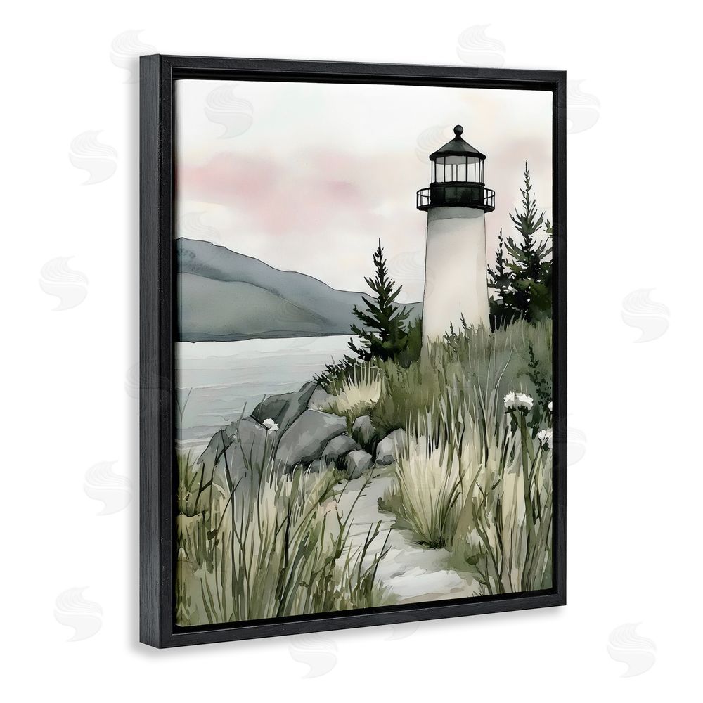 Riley B Coastal Calm Lighthouse Black Floating Frame Canvas Wall Art Print