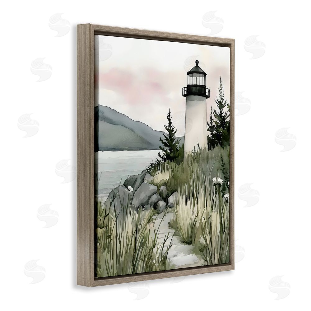 Riley B Coastal Calm Lighthouse Brown Floating Frame Canvas Wall Art Print