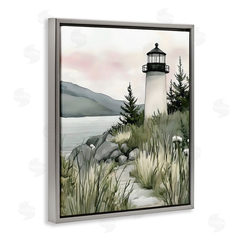 Riley B Coastal Calm Lighthouse Gray Floating Frame Canvas Wall Art Print