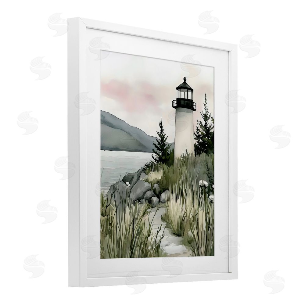 Riley B Coastal Calm Lighthouse White Framed Print Under Glass Wall Art