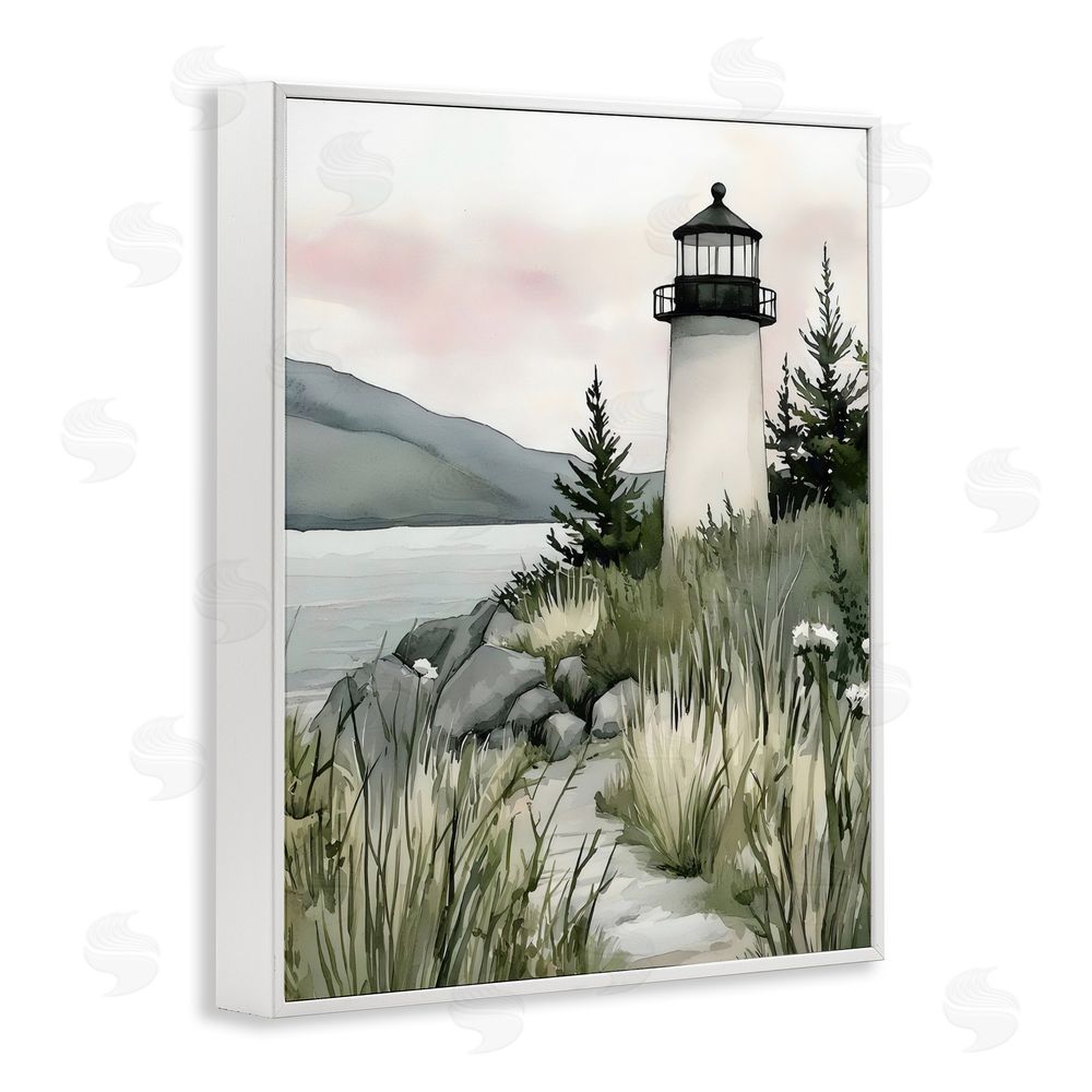Riley B Coastal Calm Lighthouse White Framed Giclee Wall Art Print