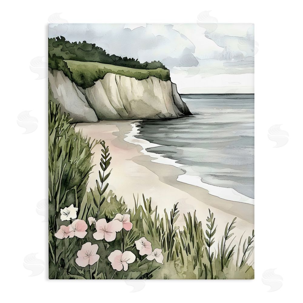Riley B Coastal Calm with Floral Blooms Stretched Canvas Wall Art
