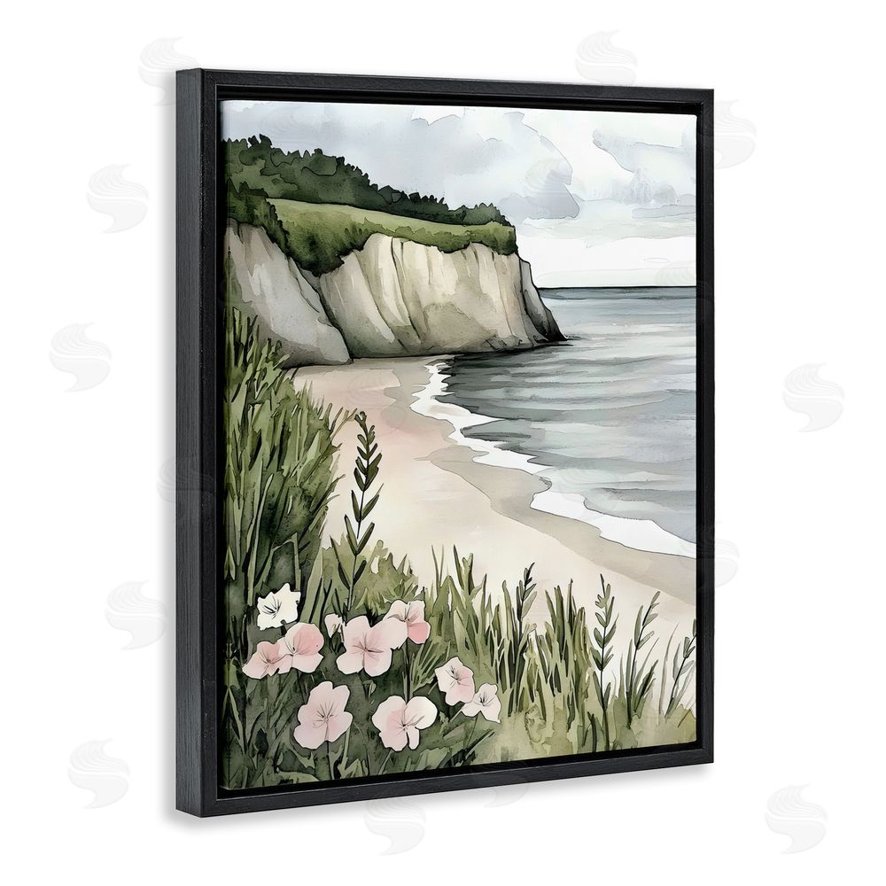 Riley B Coastal Calm with Floral Blooms Black Floating Frame Canvas Wall Art Print