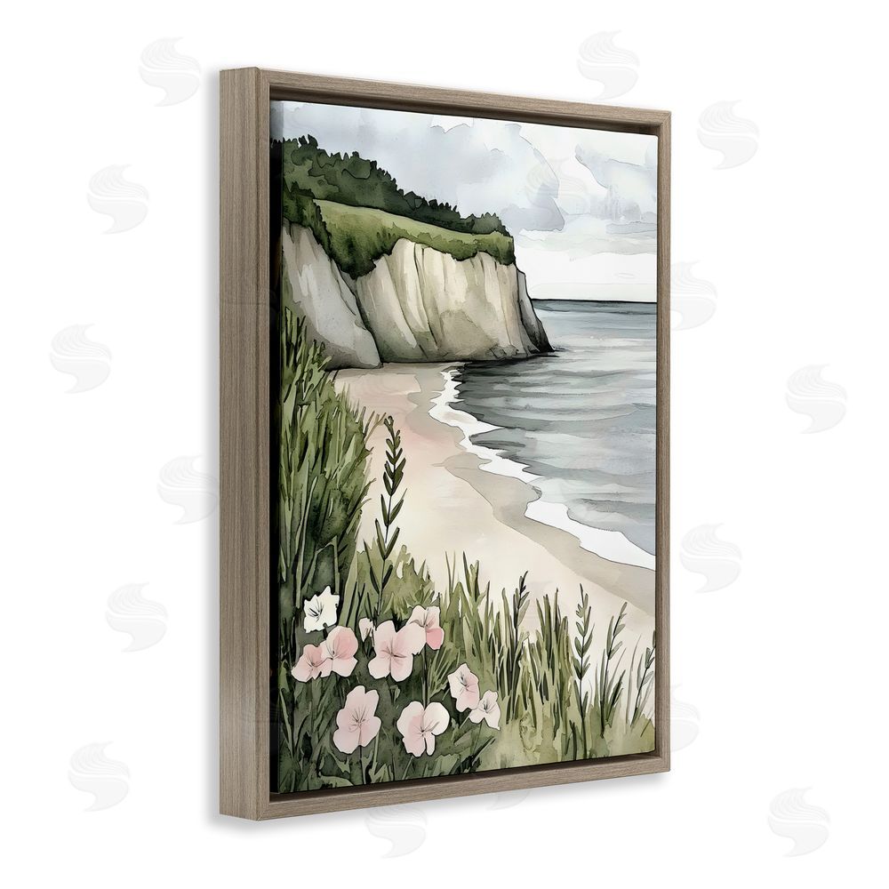 Riley B Coastal Calm with Floral Blooms Brown Floating Frame Canvas Wall Art Print
