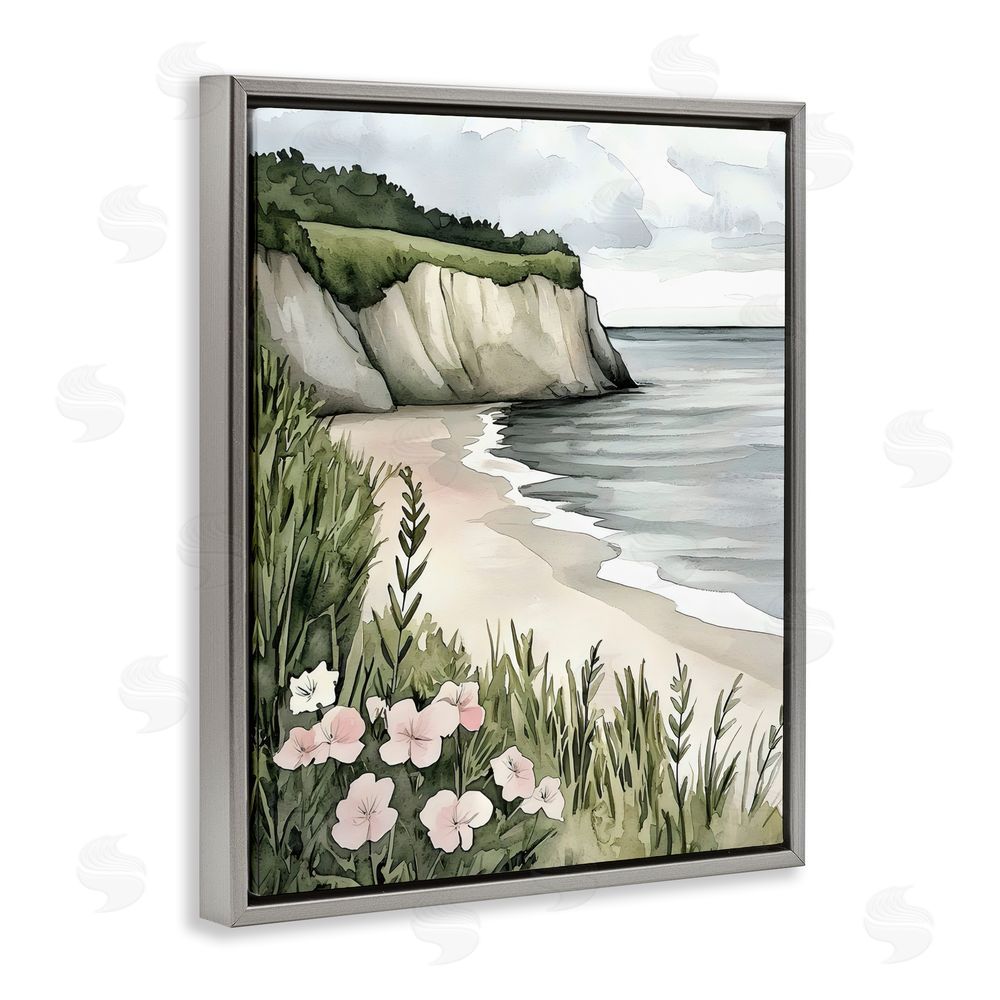 Riley B Coastal Calm with Floral Blooms Gray Floating Frame Canvas Wall Art Print