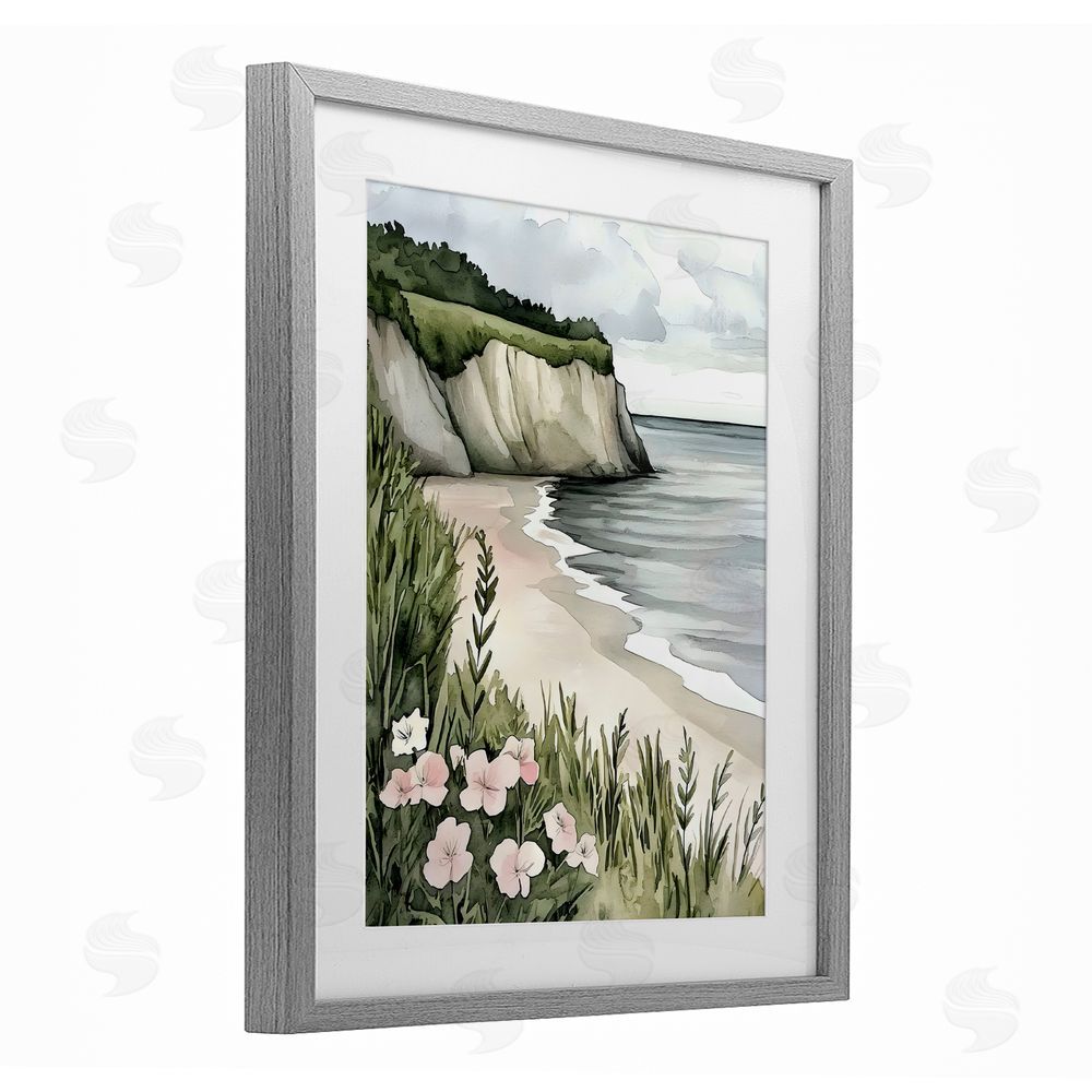 Riley B Coastal Calm with Floral Blooms Gray Framed Print Under Glass Wall Art