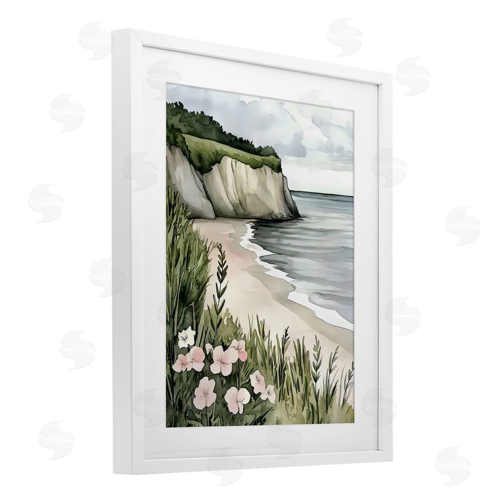 Riley B Coastal Calm with Floral Blooms White Framed Print Under Glass Wall Art