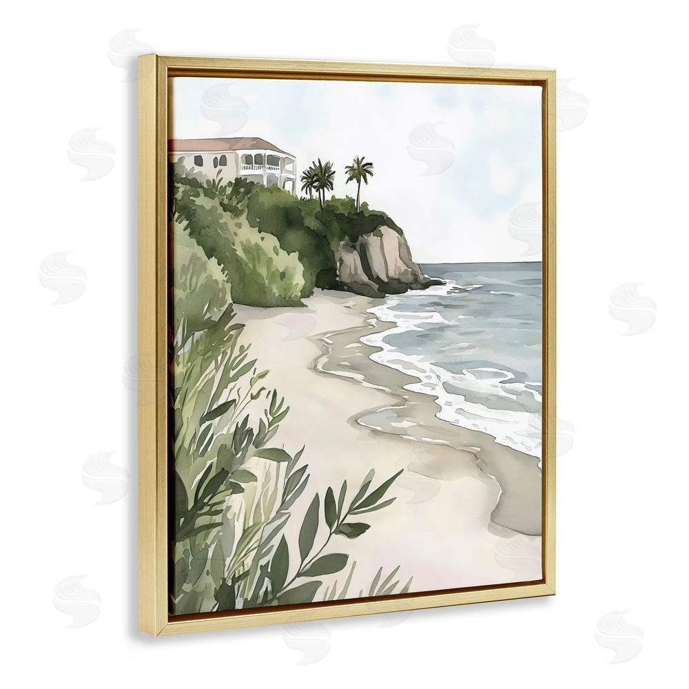Riley B Coastal Calm Villa on Bluff Gold Floating Frame Canvas Wall Art Print