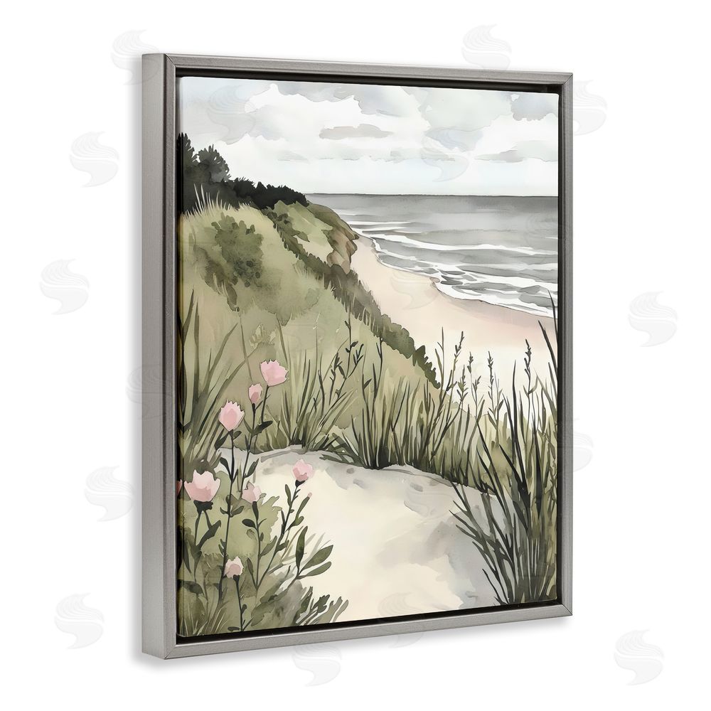 Riley B Coastal Calm on Sandy Dunes Gray Floating Frame Canvas Wall Art Print