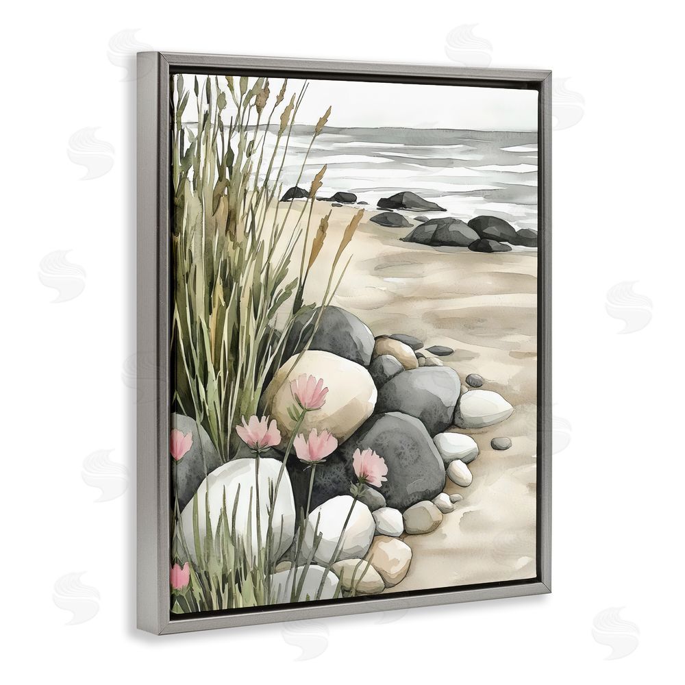 Riley B Coastal Calm Pebbles Gray Floating Frame Canvas Wall Art Print