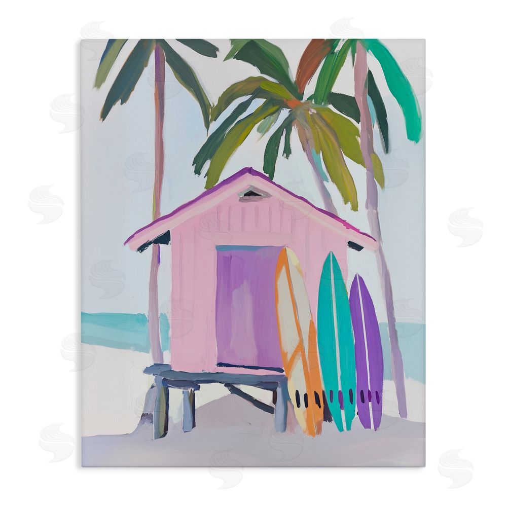 Sisi and Seb Pink Beach Hut with Surfboards Stretched Canvas Wall Art