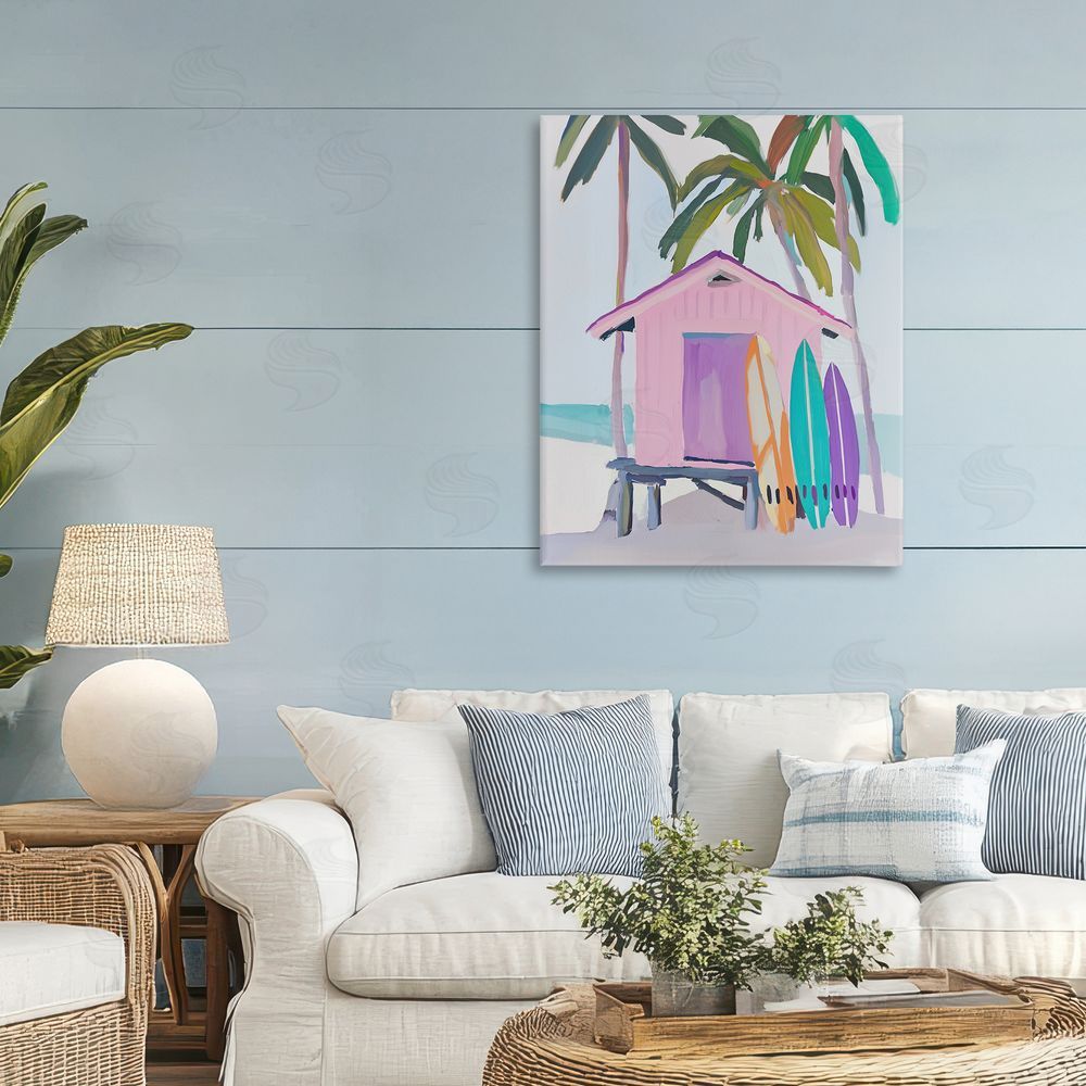 Sisi and Seb Pink Beach Hut with Surfboards Stretched Canvas Wall Art in Room