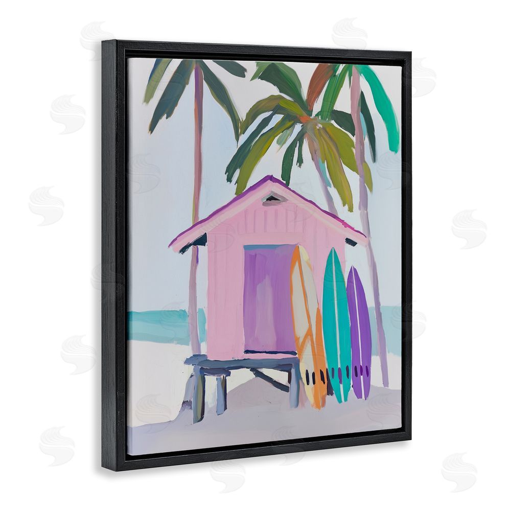 Sisi and Seb Pink Beach Hut with Surfboards Black Floating Framed Canvas Wall Art