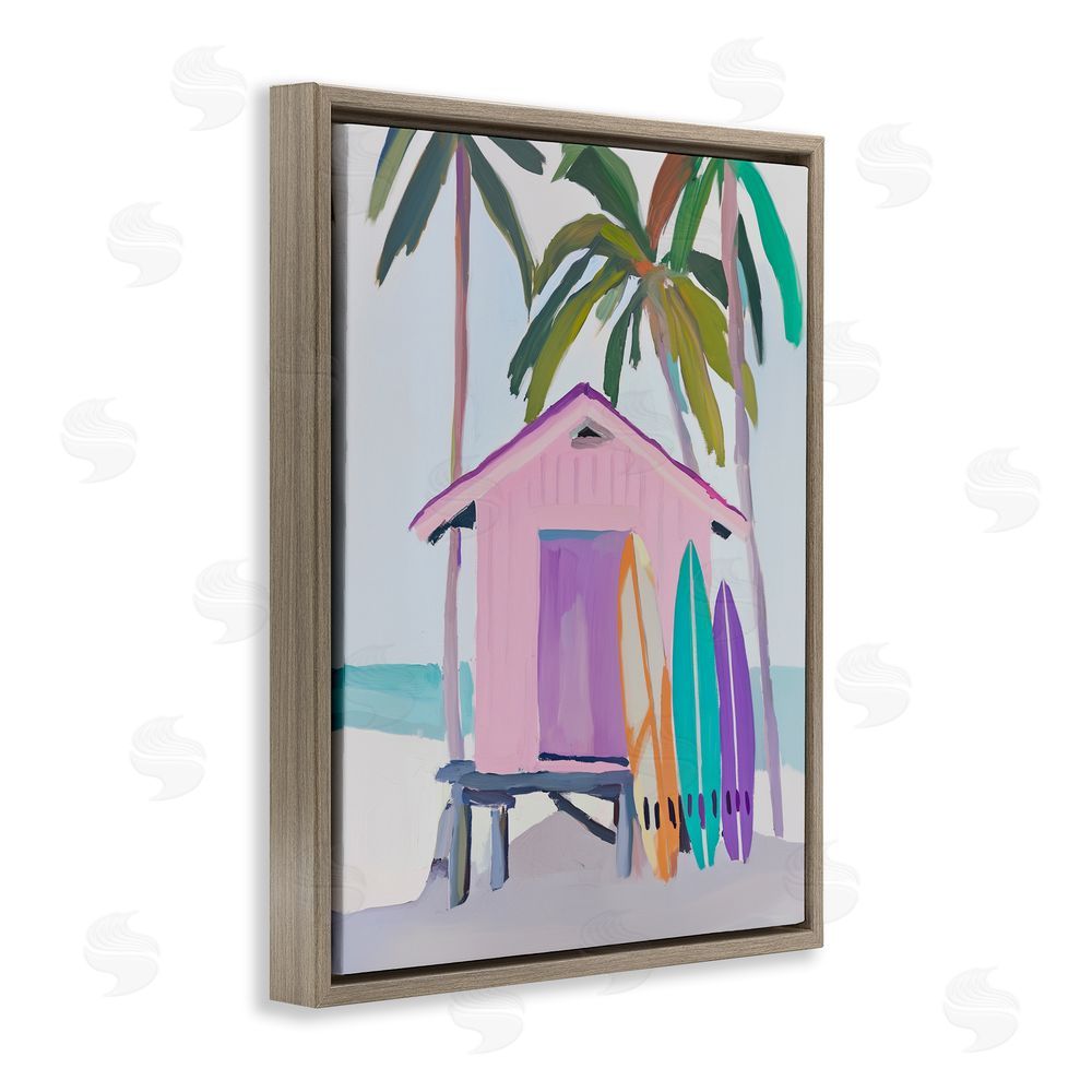 Sisi and Seb Pink Beach Hut with Surfboards Brown Floating Framed Canvas Wall Art