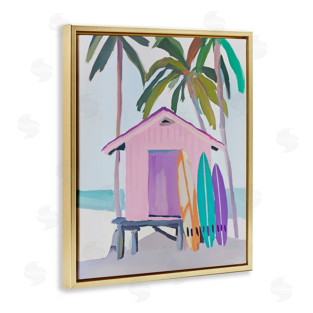 Sisi and Seb Pink Beach Hut with Surfboards Gold Floating Framed Canvas Wall Art