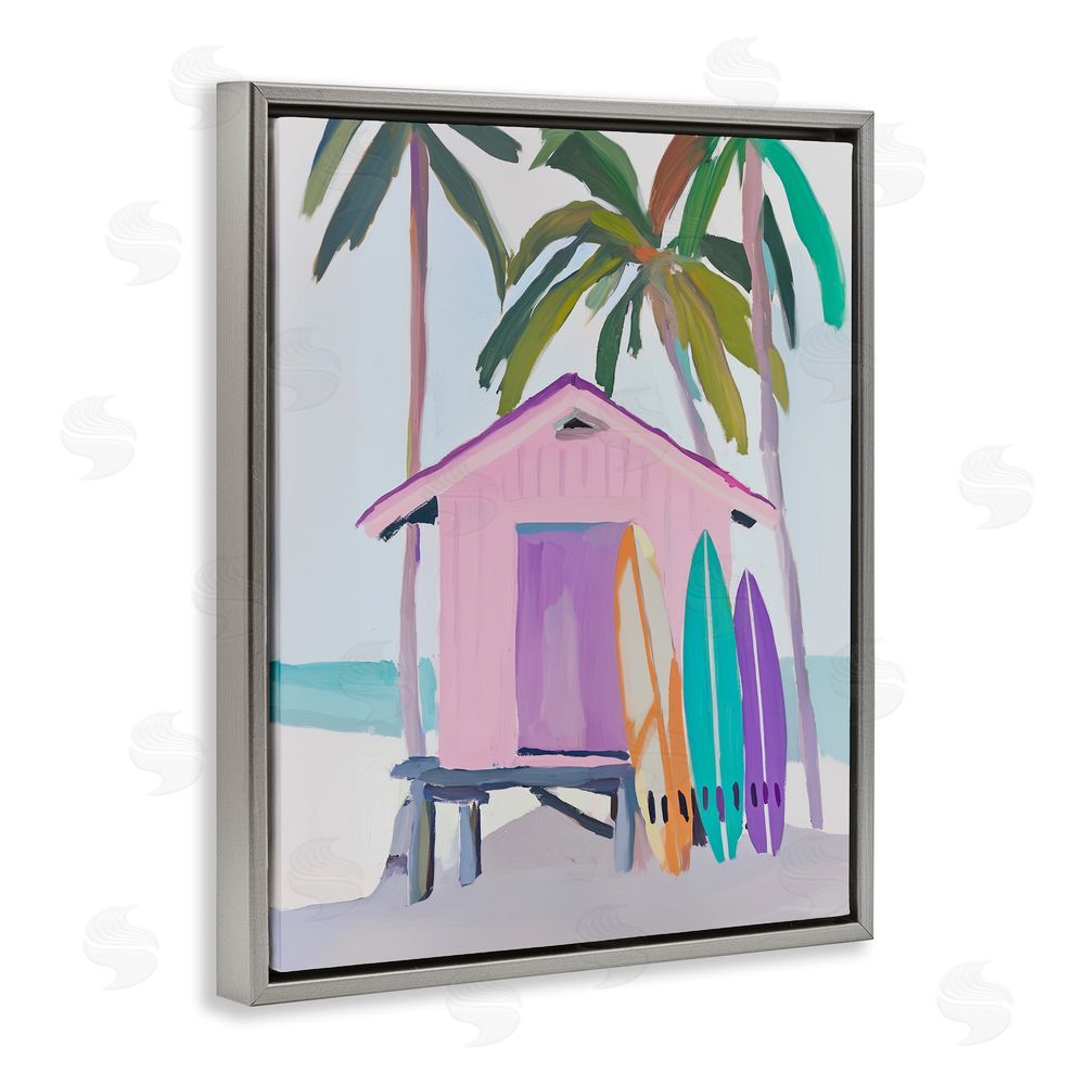 Sisi and Seb Pink Beach Hut with Surfboards Gray Floating Framed Canvas Wall Art