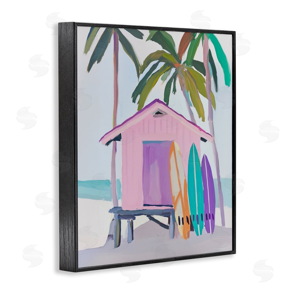 Sisi and Seb Pink Beach Hut with Surfboards Black Framed Giclee Wall Art
