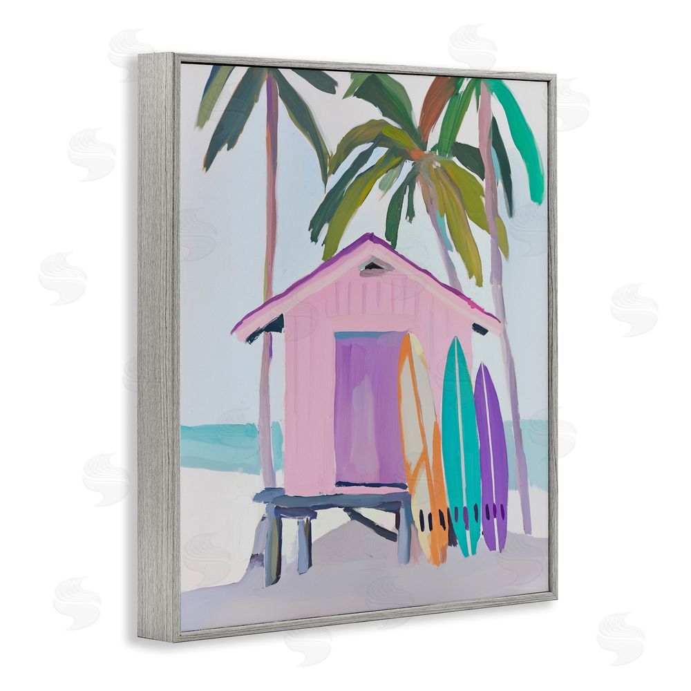 Sisi and Seb Pink Beach Hut with Surfboards Gray Framed Giclee Wall Art
