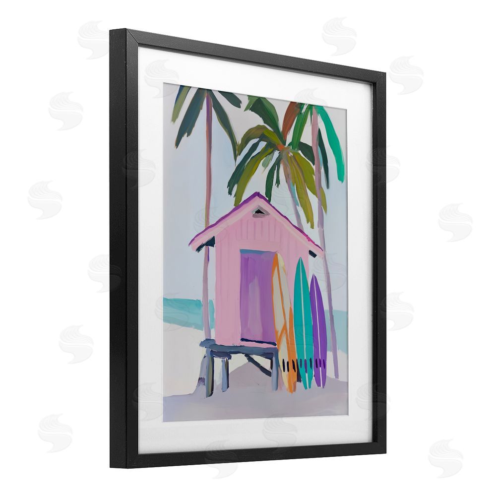 Sisi and Seb Pink Beach Hut with Surfboards Black Framed Print Under Glass Wall Art