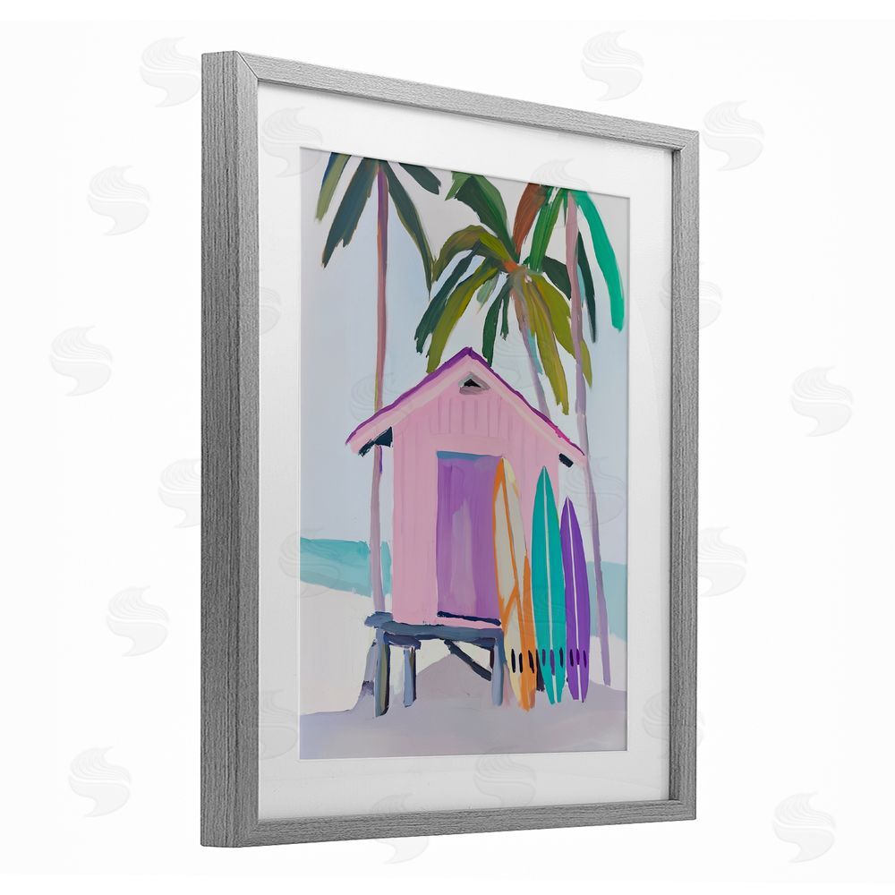 Sisi and Seb Pink Beach Hut with Surfboards Gray Framed Print Under Glass Wall Art