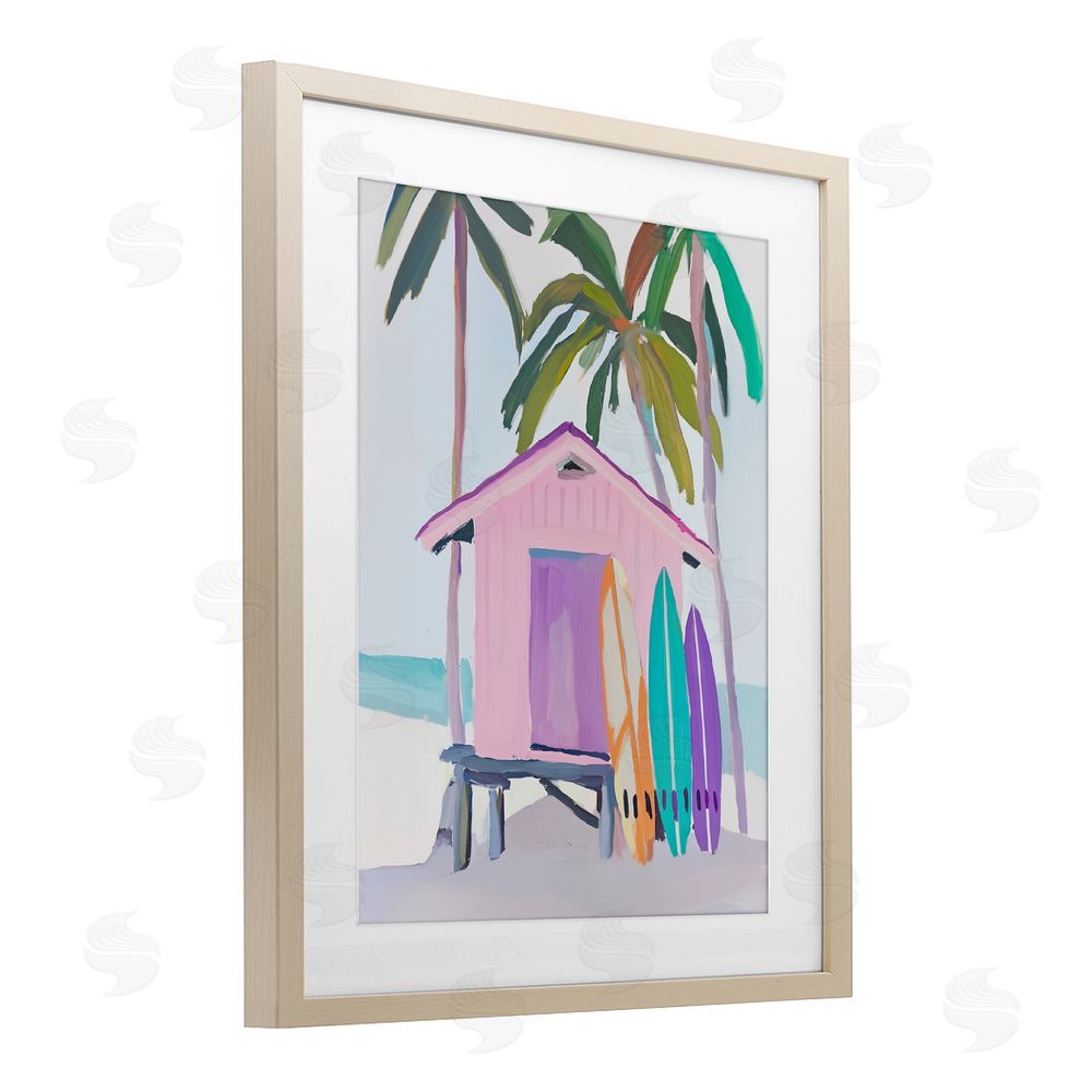 Sisi and Seb Pink Beach Hut with Surfboards Brown Framed Print Under Glass Wall Art