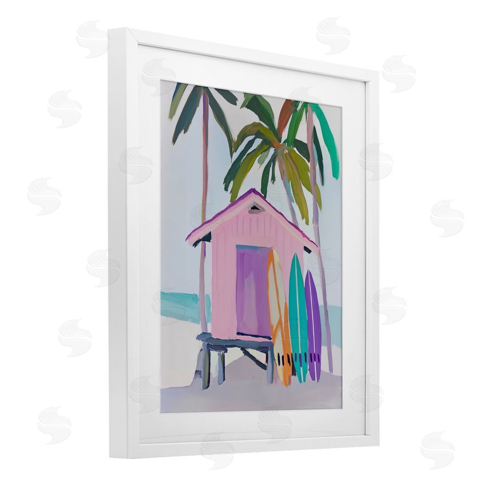 Sisi and Seb Pink Beach Hut with Surfboards White Framed Print Under Glass Wall Art
