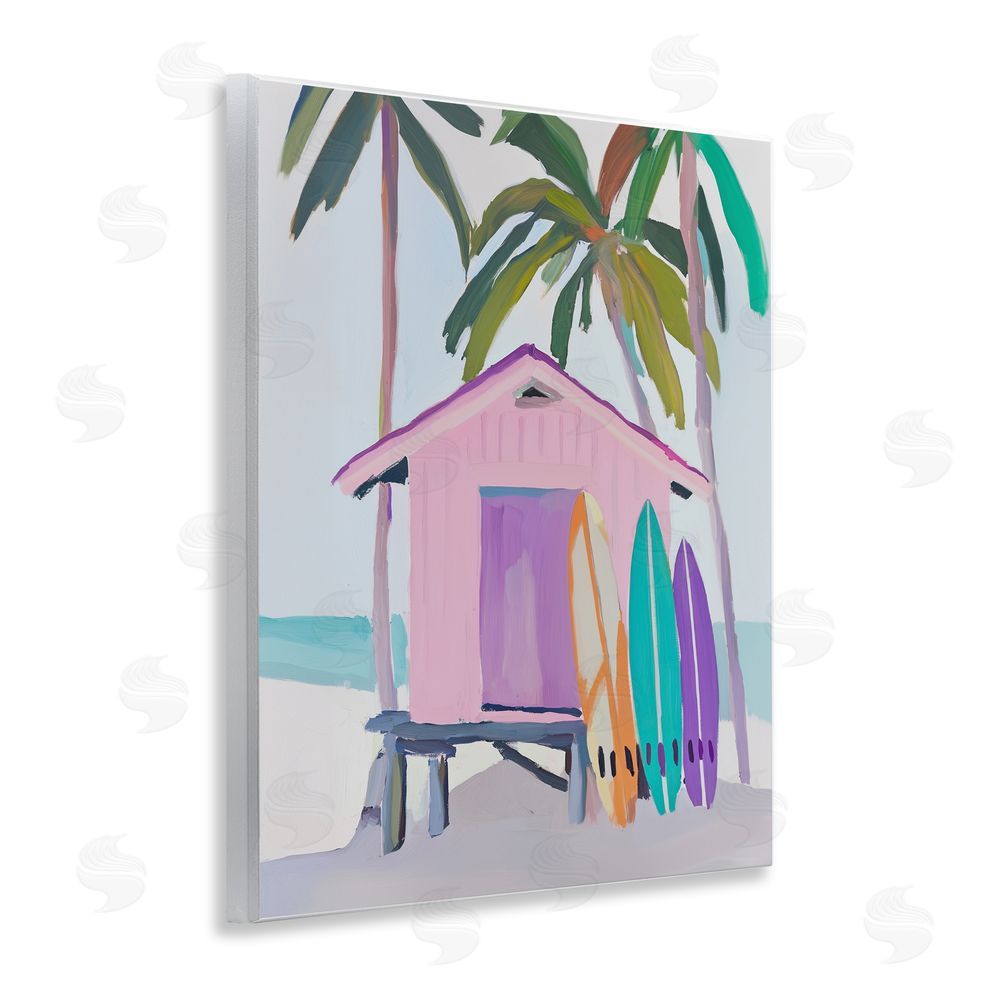 Sisi and Seb Pink Beach Hut with Surfboards Wall Plaque Home Decor Art Print