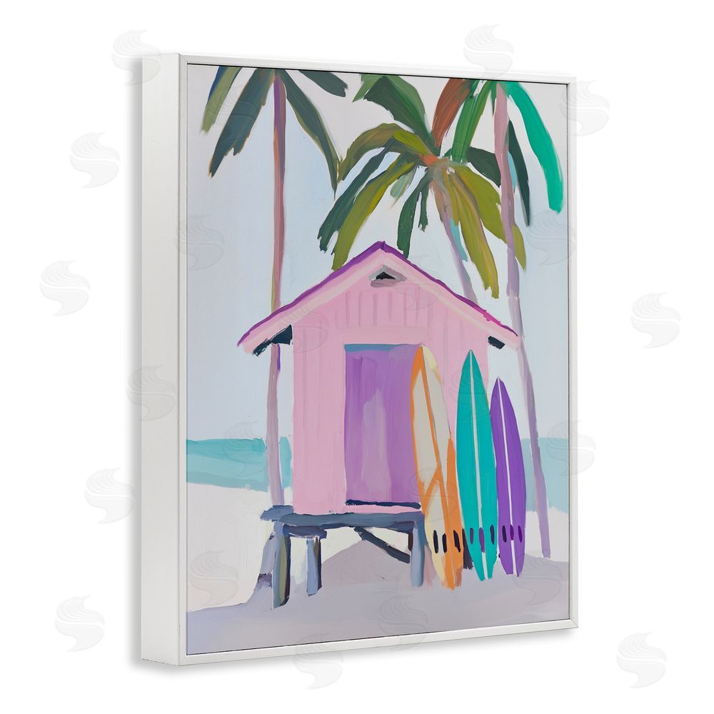 Sisi and Seb Pink Beach Hut with Surfboards White Framed Giclee Wall Art