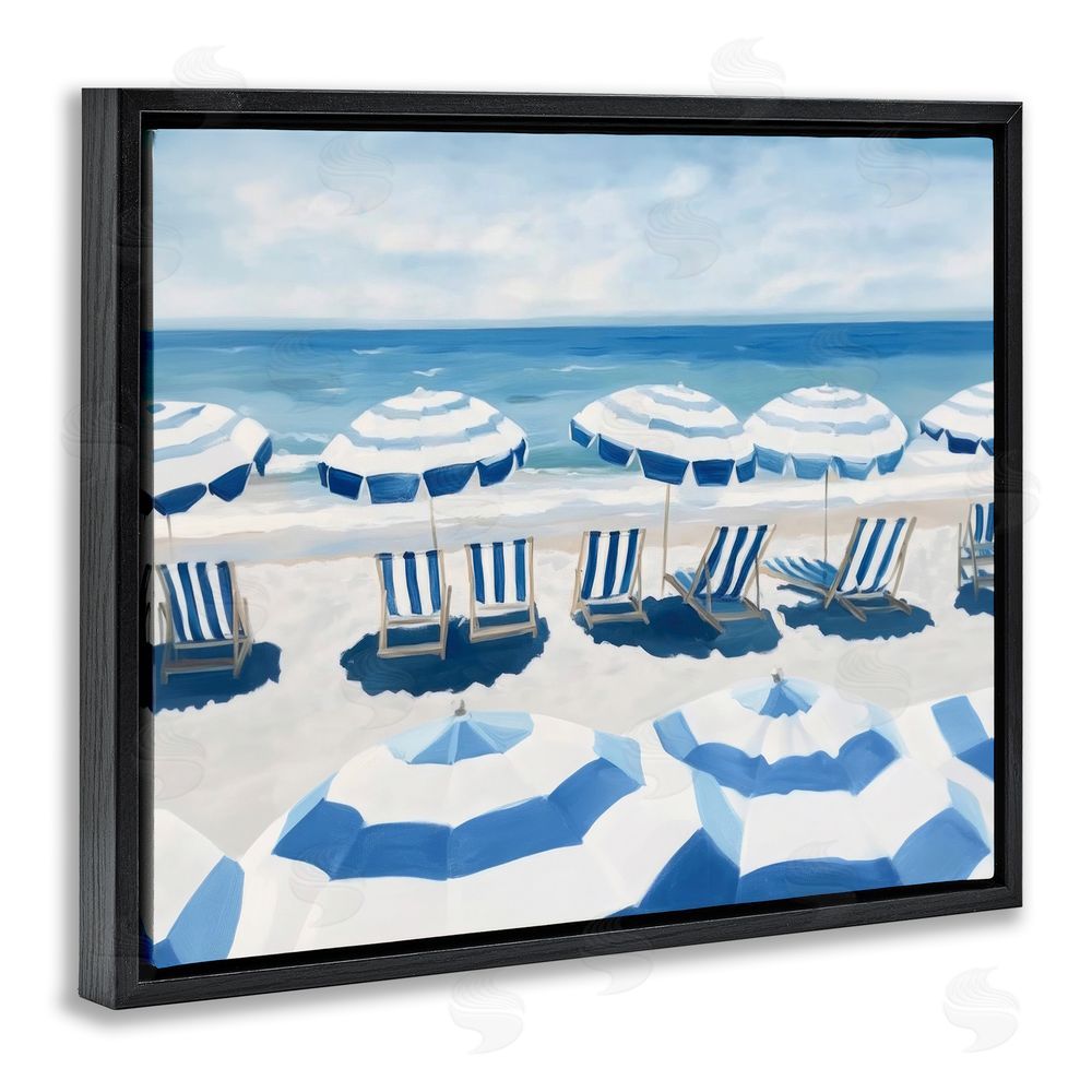 Sisi and Seb Beach Nice Blue Striped Umbrellas Black Floating Frame Stretched Canvas Wall Art Print