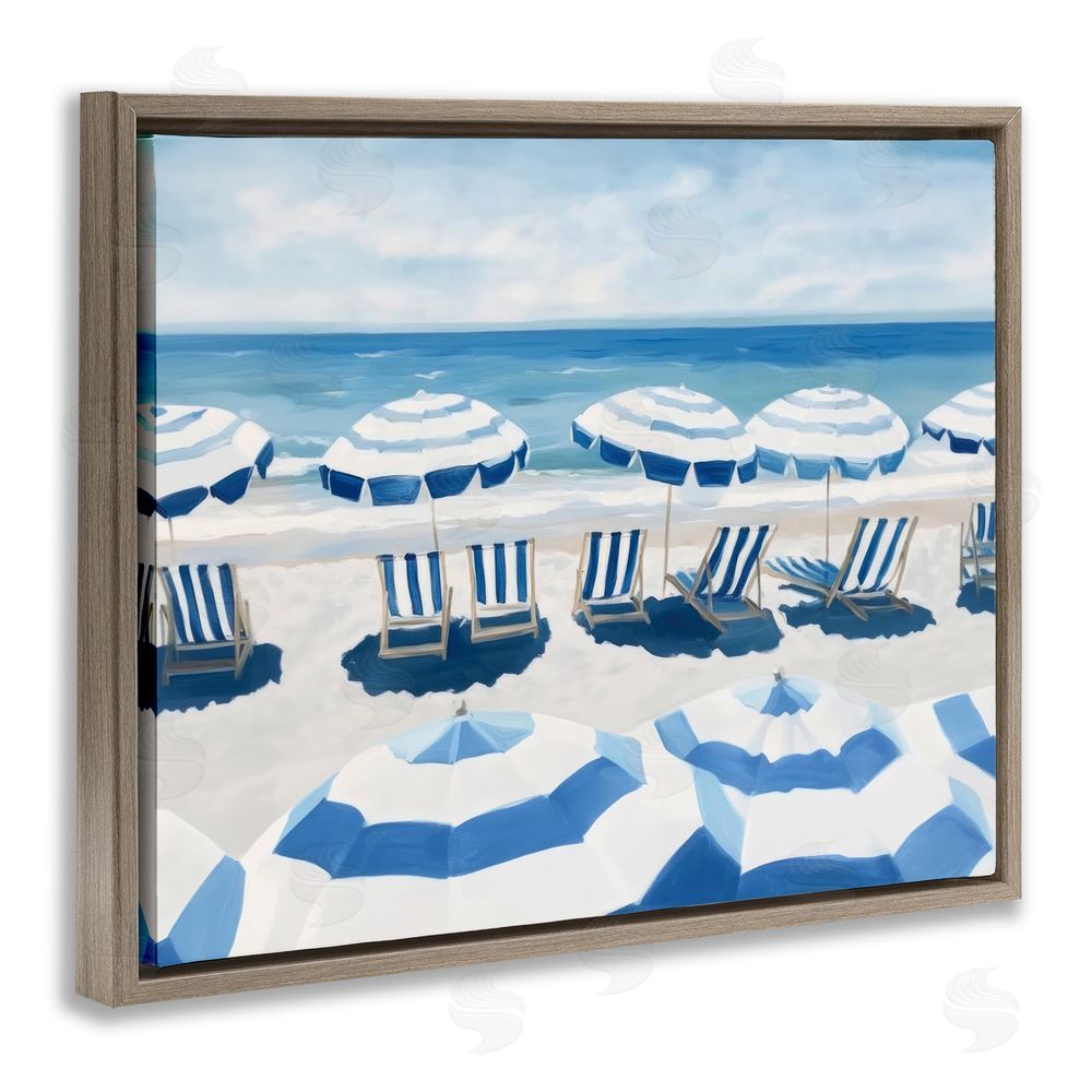 Sisi and Seb Beach Nice Blue Striped Umbrellas Brown Floating Frame Stretched Canvas Wall Art Print