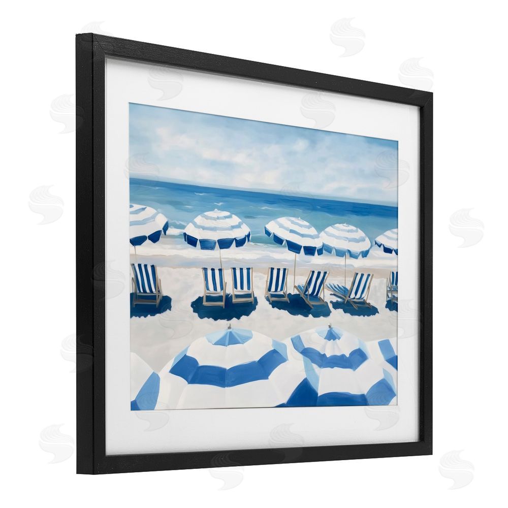 Sisi and Seb Beach Nice Blue Striped Umbrellas Black Framed Print Under Glass with Matting Wall Art