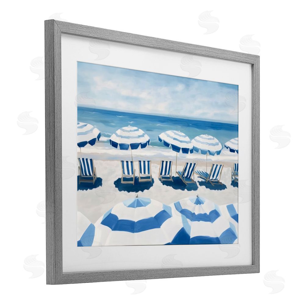 Sisi and Seb Beach Nice Blue Striped Umbrellas Gray Framed Print Under Glass with Matting Wall Art