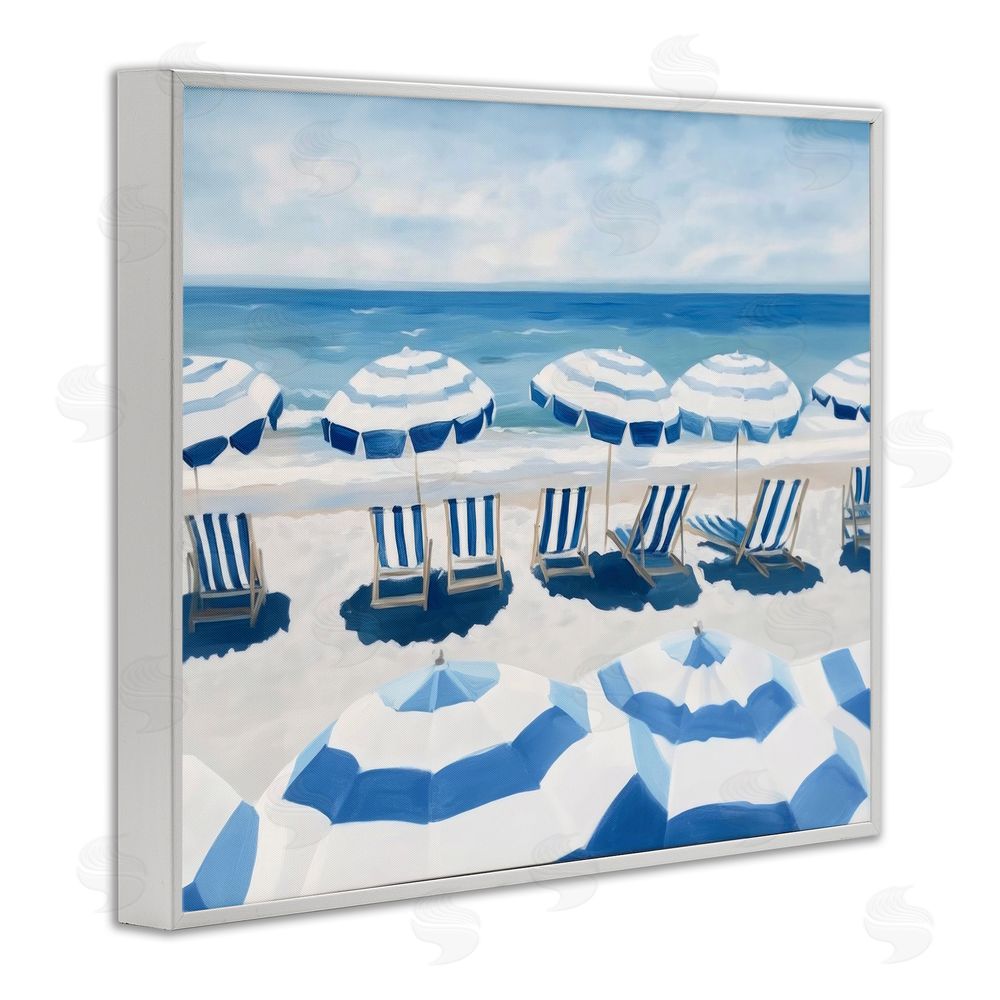 Sisi and Seb Beach Nice Blue Striped Umbrellas White Framed Giclee Wall Art Print