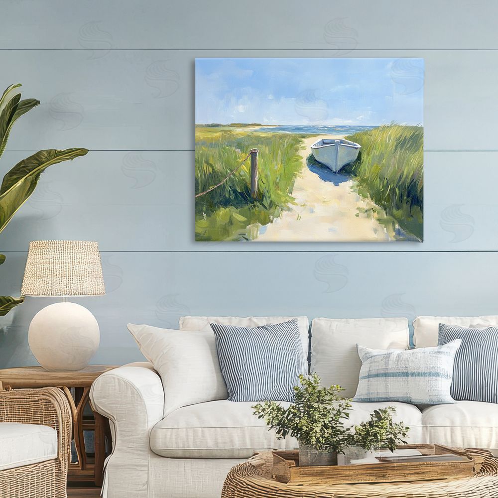 Sisi and Seb Moored Boat on Path Stretched Canvas Wall Art in Room