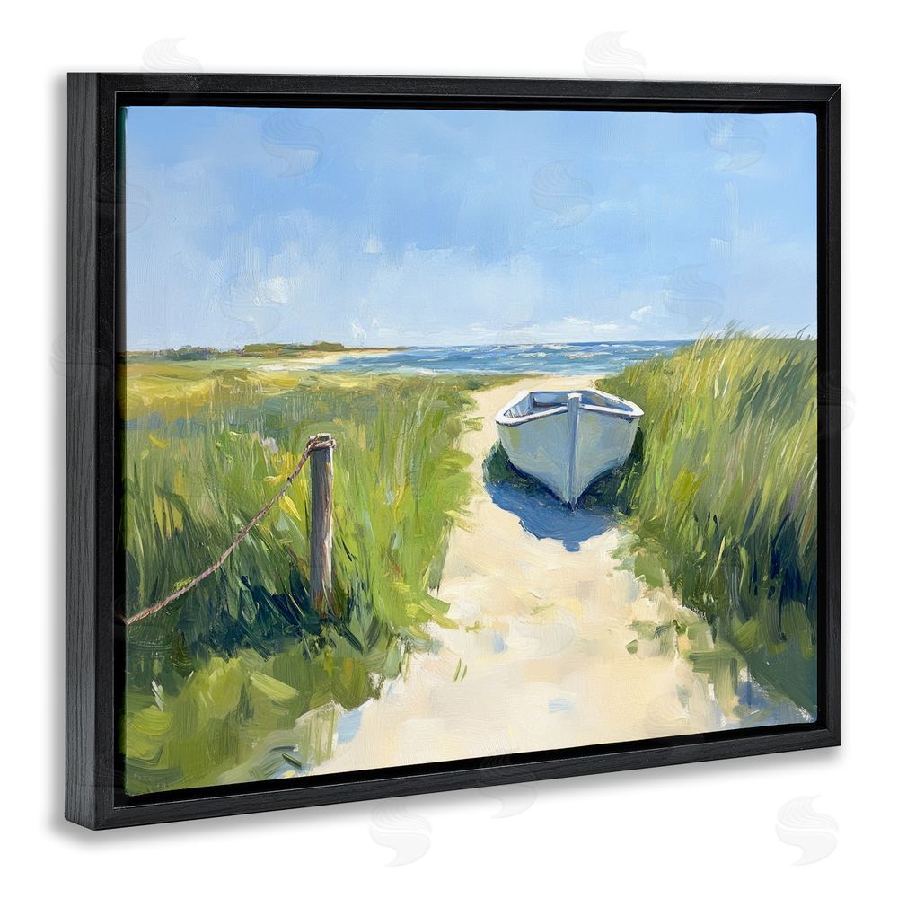 Sisi and Seb Moored Boat on Path Black Floating Framed Canvas Wall Art