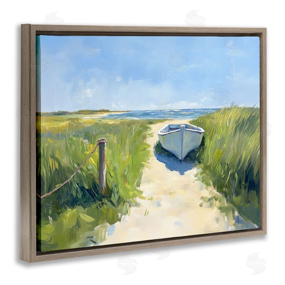 Sisi and Seb Moored Boat on Path Brown Floating Framed Canvas Wall Art