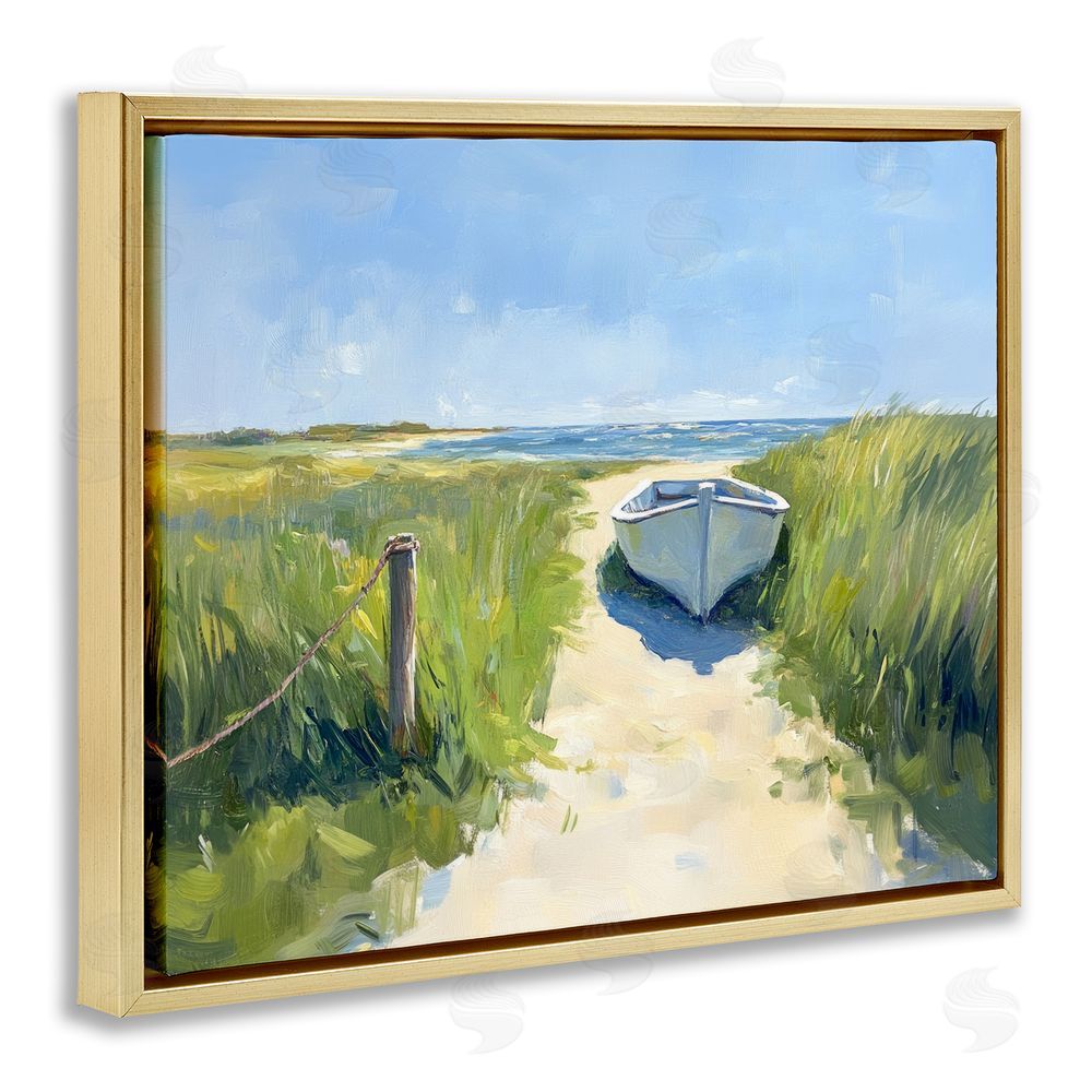 Sisi and Seb Moored Boat on Path Gold Floating Framed Canvas Wall Art