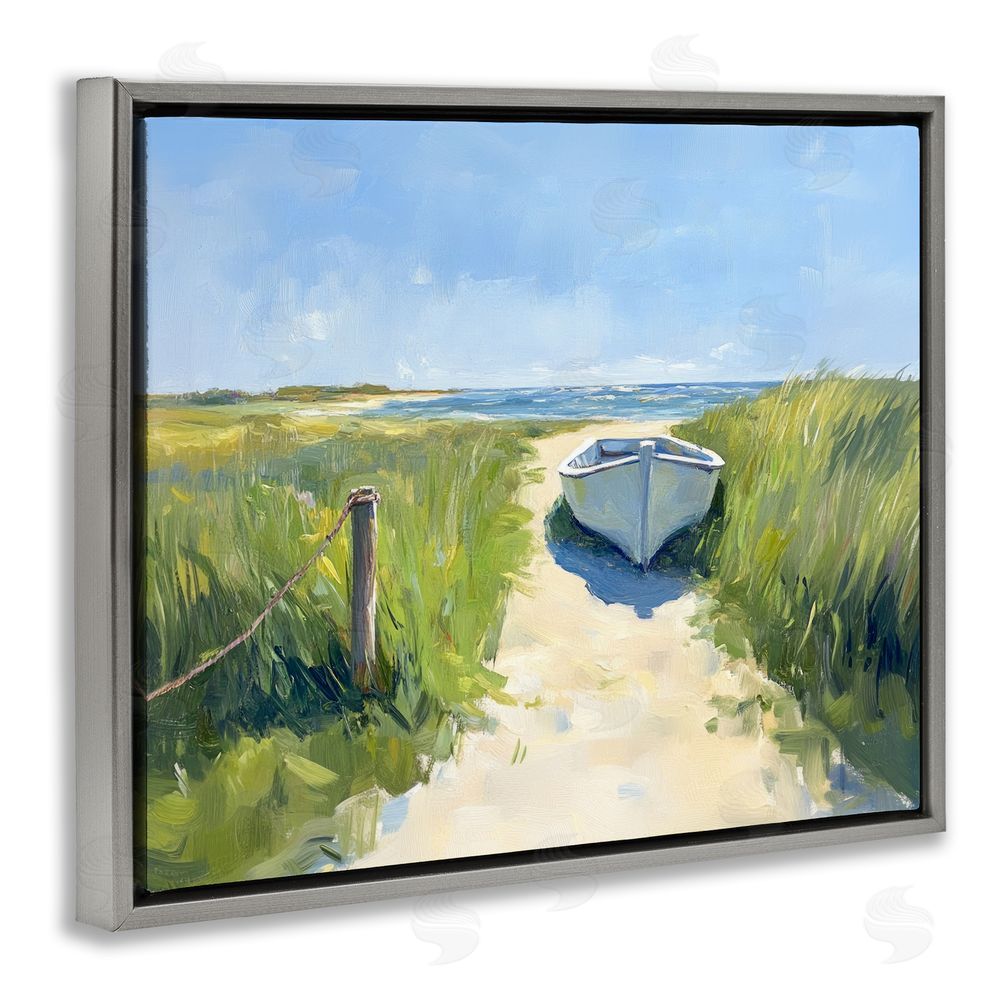 Sisi and Seb Moored Boat on Path Gray Floating Framed Canvas Wall Art