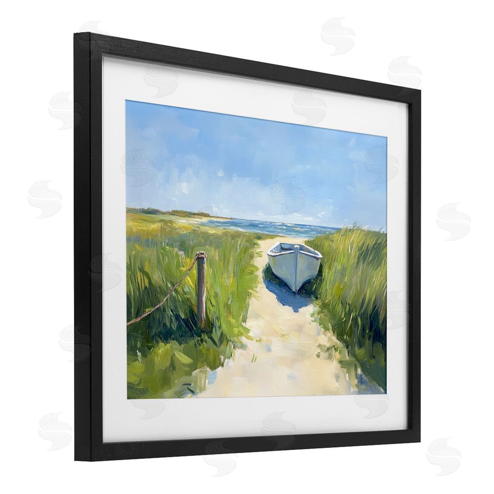 Sisi and Seb Moored Boat on Path Black Framed Print Under Glass Wall Art