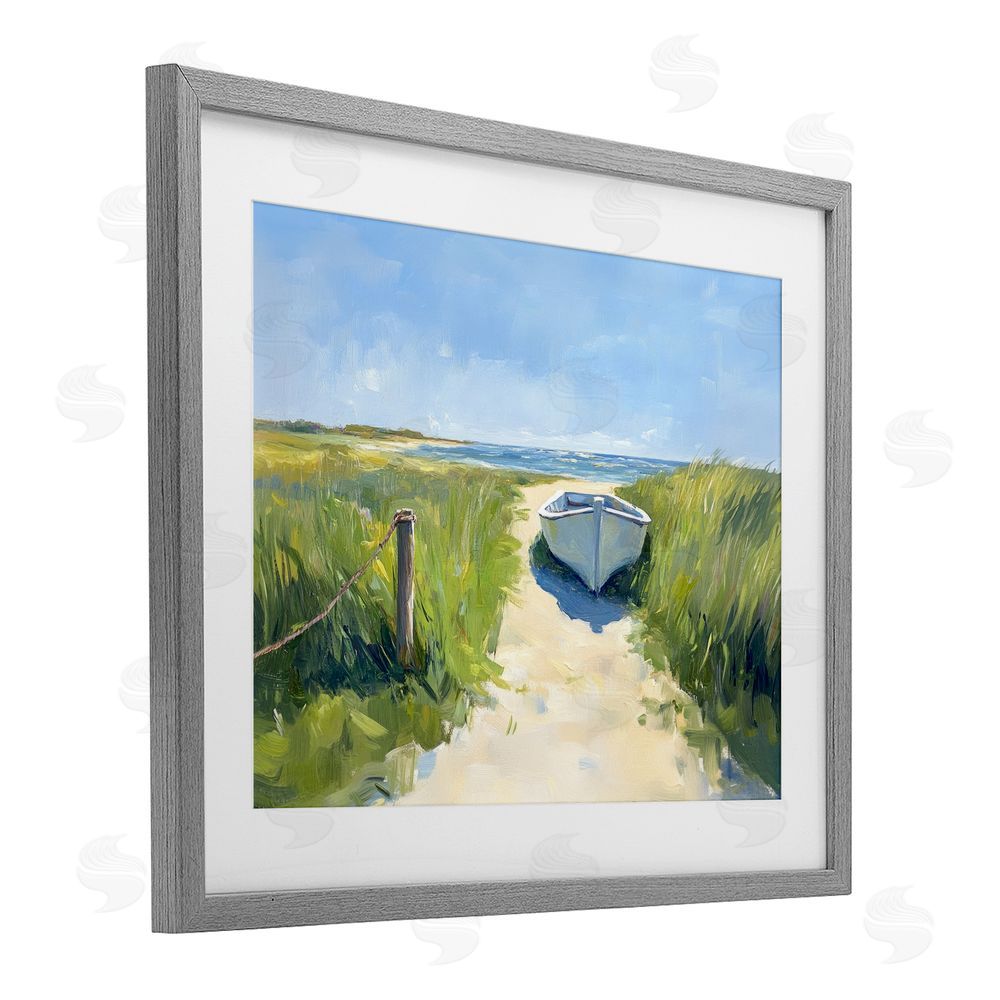 Sisi and Seb Moored Boat on Path Gray Framed Print Under Glass Wall Art
