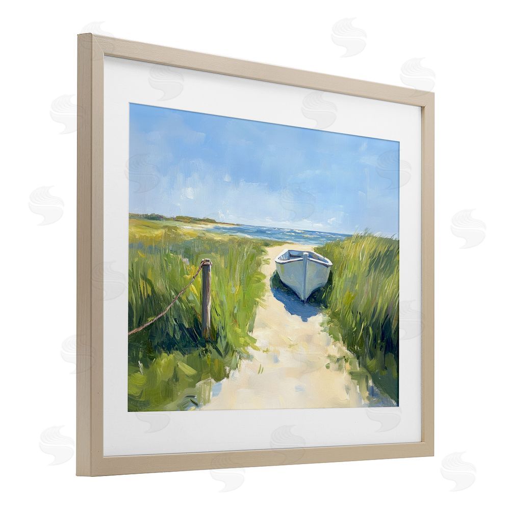 Sisi and Seb Moored Boat on Path Brown Framed Print Under Glass Wall Art