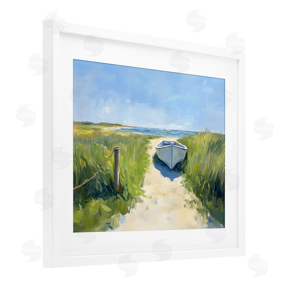 Sisi and Seb Moored Boat on Path White Framed Print Under Glass Wall Art