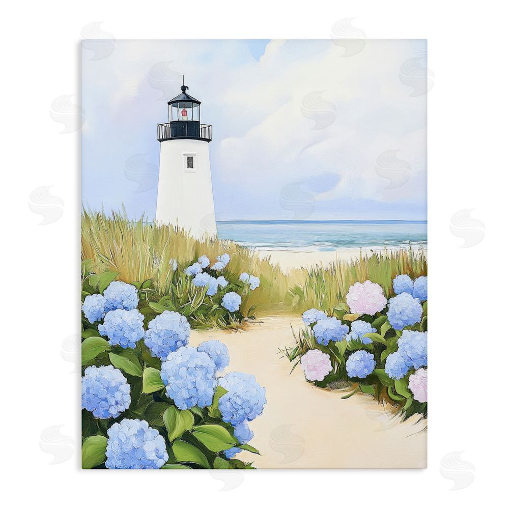 Sisi and Seb Hydrangea Path Leading to Lighthouse Stretched Canvas Wall Art