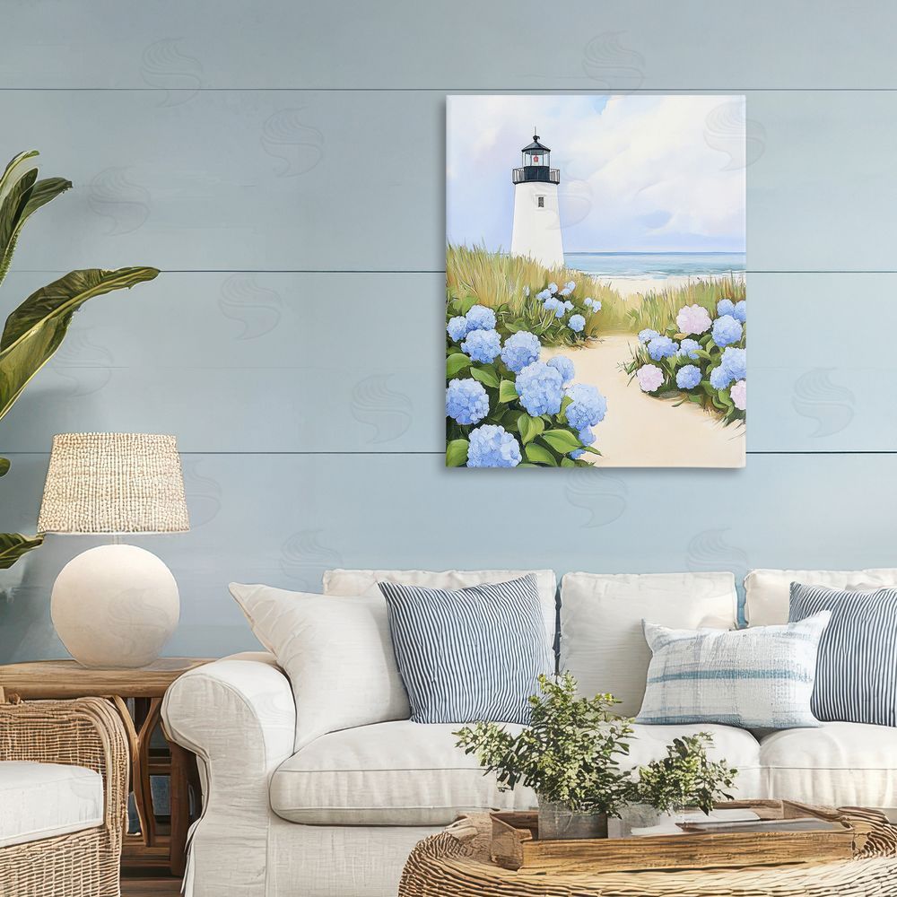 Sisi and Seb Hydrangea Path Leading to Lighthouse Stretched Canvas Wall Art in Room