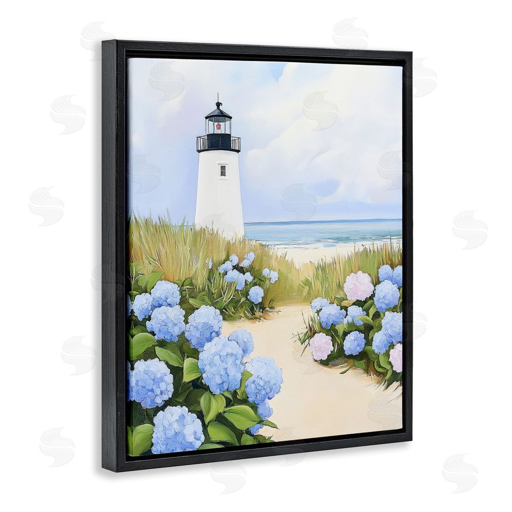 Sisi and Seb Hydrangea Path Leading to Lighthouse Black Floating Framed Canvas Wall Art