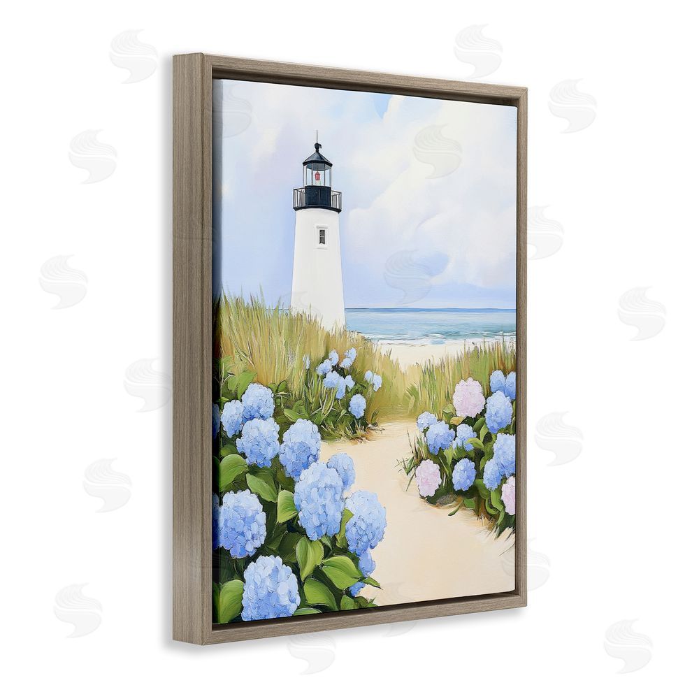 Sisi and Seb Hydrangea Path Leading to Lighthouse Brown Floating Framed Canvas Wall Art
