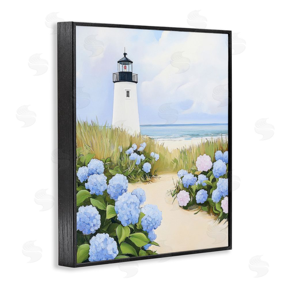 Sisi and Seb Hydrangea Path Leading to Lighthouse Black Framed Giclee Wall Art